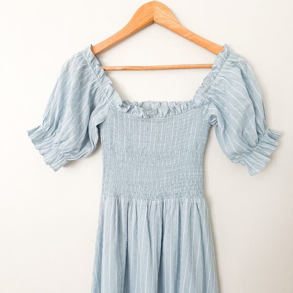 Reformation Arianna Stripe Off Shoulder Smocked Midi Dress S Baby Blue Romantic - Picture 6 of 9